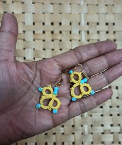 Handmade Yellow Tatted Earrings with Blue Beads