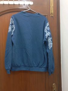 Blue Bomber Jacket with Leaf Embroidery