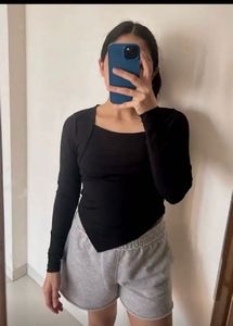 MYWISHBAG Black Square Neck Long Sleeve Top