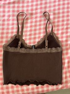 Brown Ribbed Lace Trim Cami Top