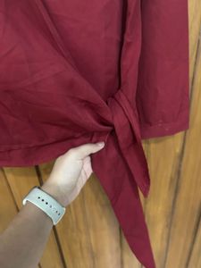 Maroon Tie-Front Satin Top