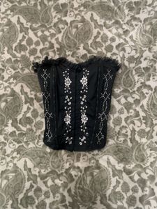 Elegant Black Beaded Corset Top RARE Y2K