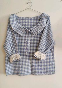Blue Gingham Ruffle Neck Top
