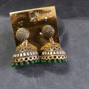 Green Beaded Jhumka Earrings