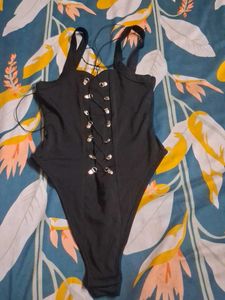 Black Lace-Up Bodysuit Swim Top