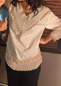 Embroidered viral Cream Kurta with Lace Trim