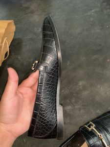 Black Croc Loafers with Gold Buckle