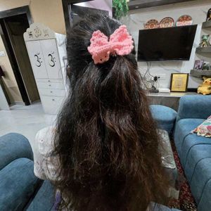 Handmade Pink Crochet Hair Bow rubber band