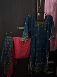 Teal Blue Printed Kurta Set with Dupatta