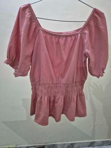 Chic Pink Square Neck Puff Sleeve Top