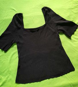 Square Neck Black Ribbed Puff Sleeve Top Partywear