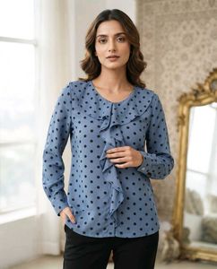 Chic Blue Polka Dot Ruffle korean style top