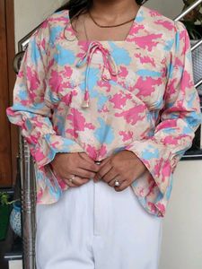 Chic Abstract Print Tie-Neck Top