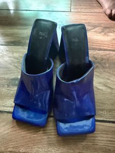 Blue Patent Block Heel Mules