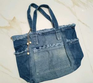 Denim Tote Bag with Pearl Charm