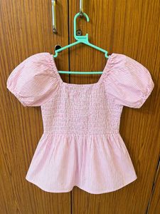 Pink Striped Puff Sleeve Peplum Top