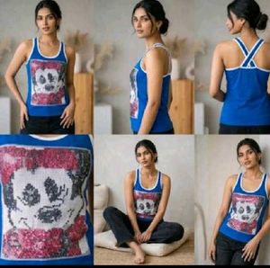Blue Sequin Skull Tank Top