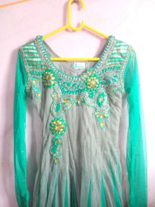 Grey &amp; Teal Green Anarkali Suit Set
