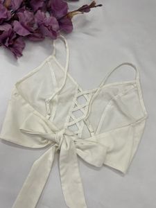 White Lace-Up Cami Top with Bow Back
