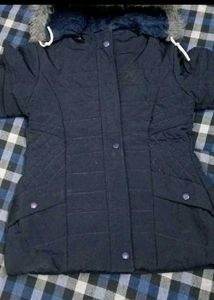 Warm Navy Puffer Jacket with Fur Hood