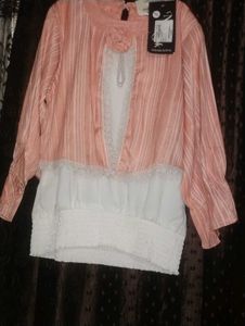 Peach Striped Lace Trim Top