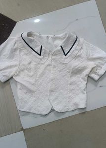 Chic White Puff Sleeve korean Collared Top