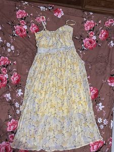 Yellow Floral Pleated Midi Dress