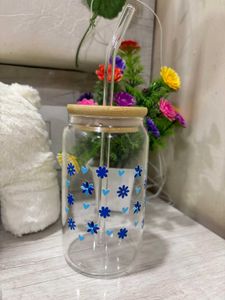 Customize blue Floral Glass Tumbler  with bamboo l