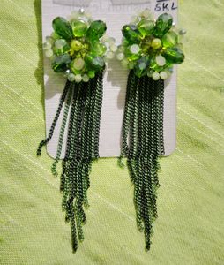 Sparkling Green Gem & Chain Tassel Earrings
