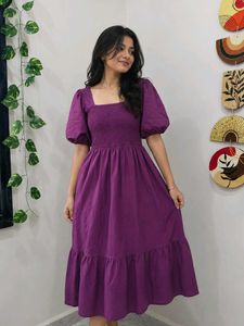 Purple Smocked Puff Sleeve Midi Dress