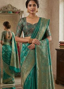 Elegant Teal green golden work blouse