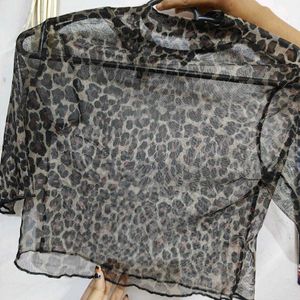Sheer Leopard Print Mock Neck Top
