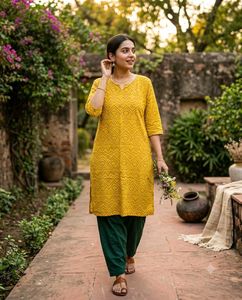 Yellow Printed Kurta with Green Pants