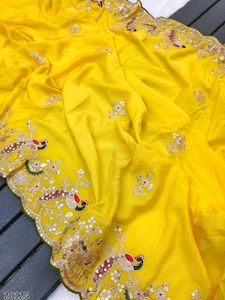 Elegant Yellow Embroidered Premium Chinon Silk Sar