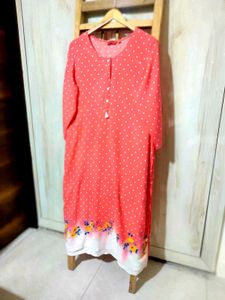 Charming Red Polka Dot Kurta with Floral Hem Size-