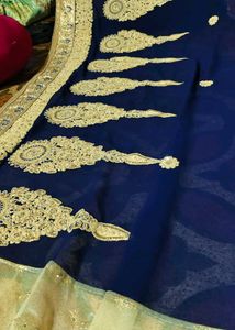 Embroidered Royal Blue &amp; Cream Saree