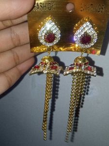 Stunning Gold Earrings with Red &amp; White Stones