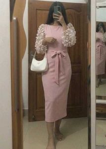 Chic Pink Midi Dress with Floral Sleeves