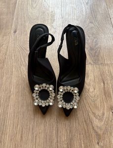 Elegant Black Slingback Heels with Crystal Embelli