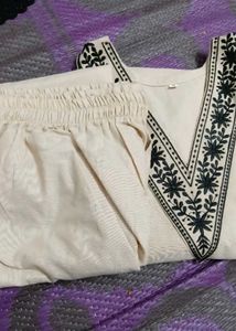 White Kurta with pants Embroidered Neckline