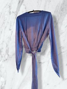 Blue Wrap V-Neck Long Sleeve Top