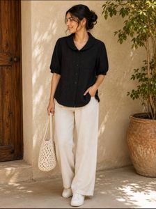 Stylish Black Puff Sleeve Collared Top