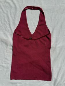 Maroon Halter Neck Top with Sequins