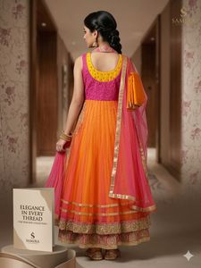 Stunning Orange &amp; Pink Anarkali Lehenga Choli