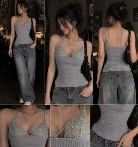 Grey Ribbed Lace Trim Camisole Top