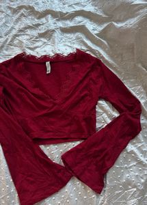 Maroon Lace V-Neck Bell Sleeve Crop Top
