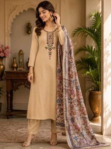 Elegant Beige Embroidered Kurta Set with Scarf