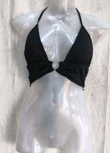 Chic Black Halter Neck Ring Detail Bikini Top