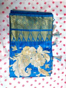 Vibrant Blue Saree with Gold Embroidery