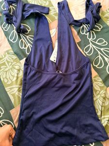 Navy Blue Embroidered Halter Top